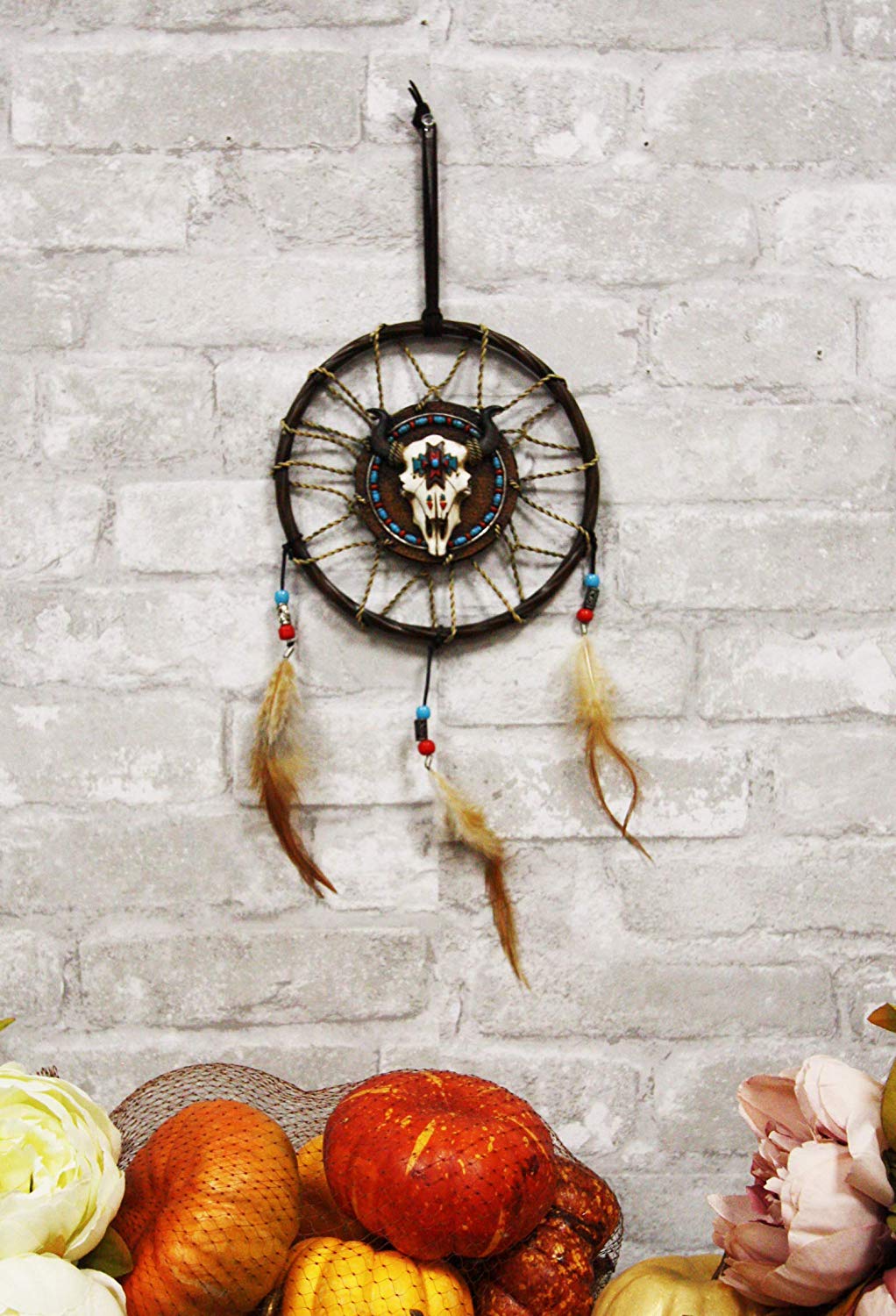 Ebros Native American Horned Bison Steer Cow Skull Dreamcatcher With Beaded Feathers