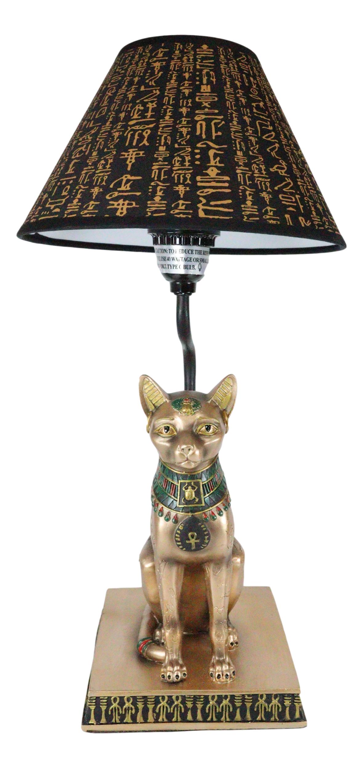 Ebros Bronze Painted Egyptian Goddess Of Home Bastet Cat Table Lamp Hieroglyphic Shade - Ebros Gift