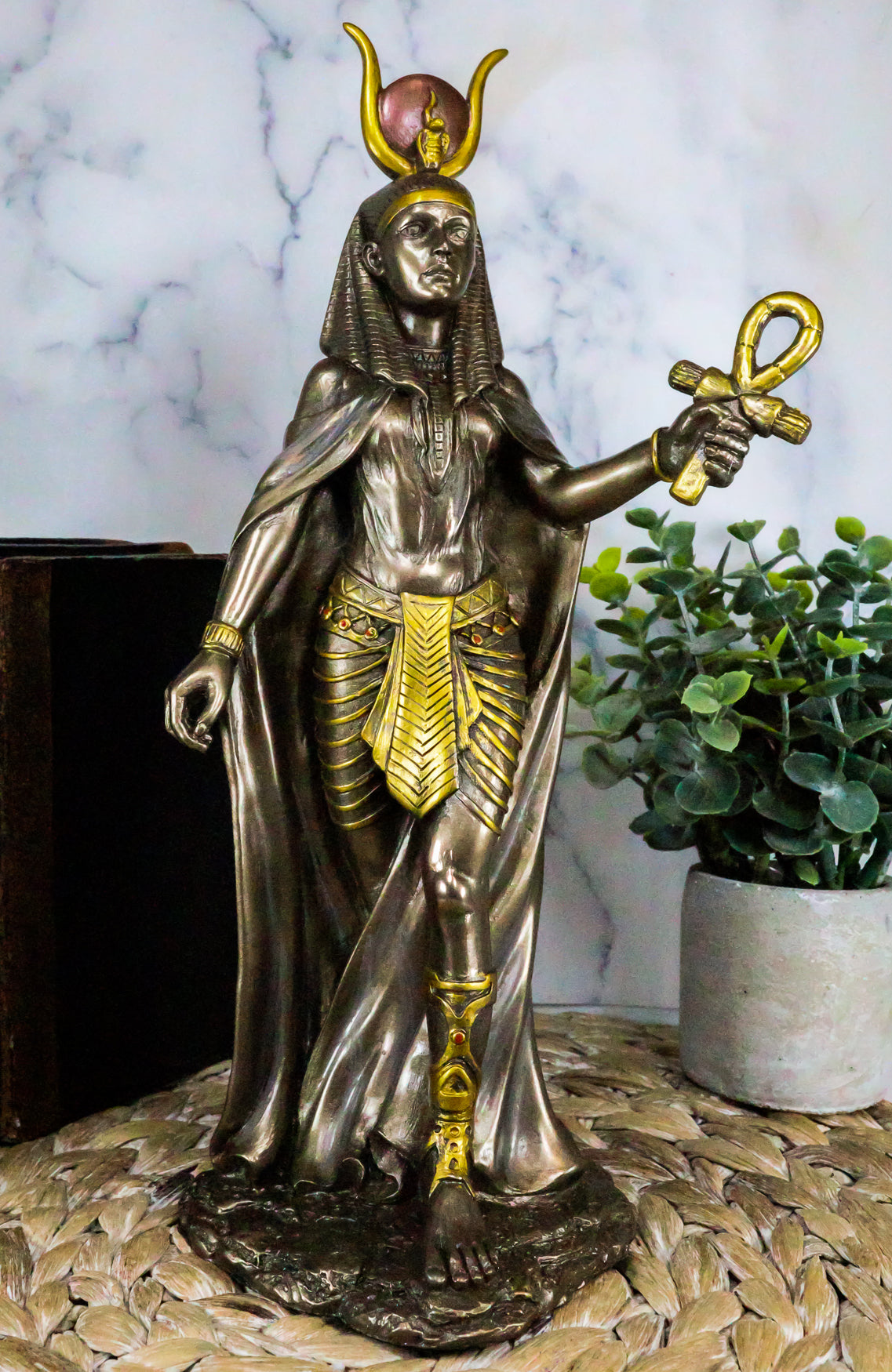 Egyptian Deity Goddess Hathor Holding Ankh Statue Patroness Of Love Motherhood - Ebros Gift
