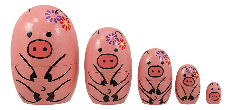 Ebros Pink Porky Babe Pig Wooden Toy Stacking Nesting Dolls 5 Pieces Matryoshka