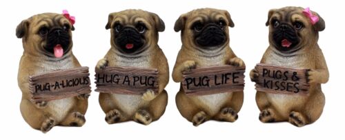 Ebros Pug Life Adorable Chubby Pugs Holding Signs Figurine Set 4"H Sitting Pugs