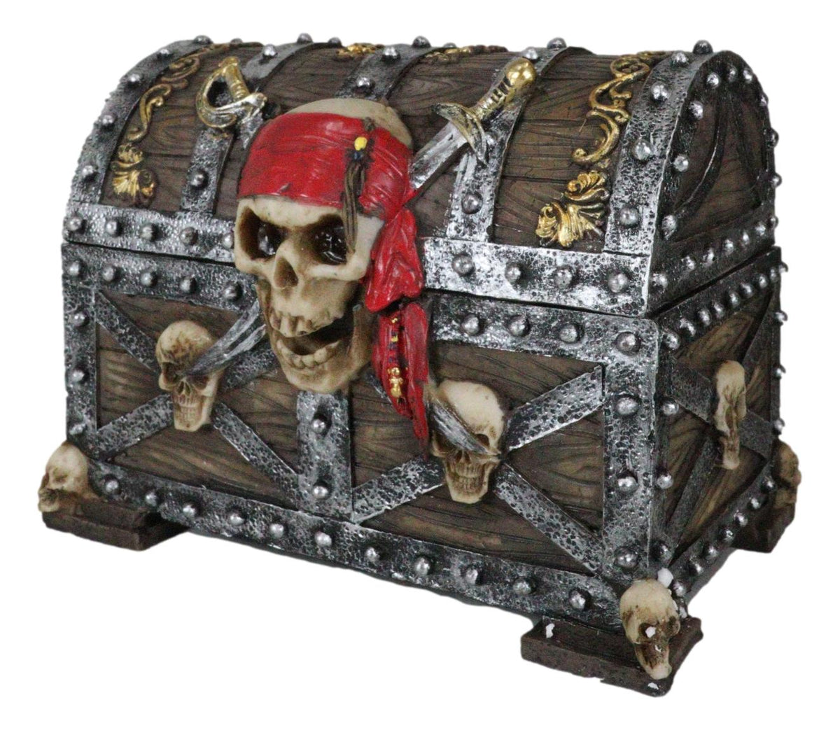 Large Caribbean Pirate Marauder Skull With Criss Cross Blades Treasure Chest Box - Ebros Gift