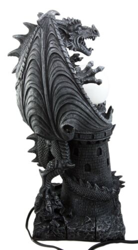 Ebros 19"H Medieval Castle Dragon w/ Illuminated Orb Wing Figurine Floor Table Lamp