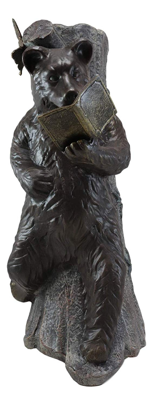 Ebros 24" Long Aluminum Whimsical Butterfly and Lazy Grizzly Bear Resting On Forest Tree Trunk Couch Reading A Book Garden Statue Rustic Wildlife Western Cabin Bears Decor Figurine - Ebros Gift