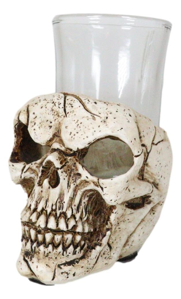 Set Of 4 Gothic Graveyard Macabre Grinning Evil Skull Shot Glass Holder Figurine