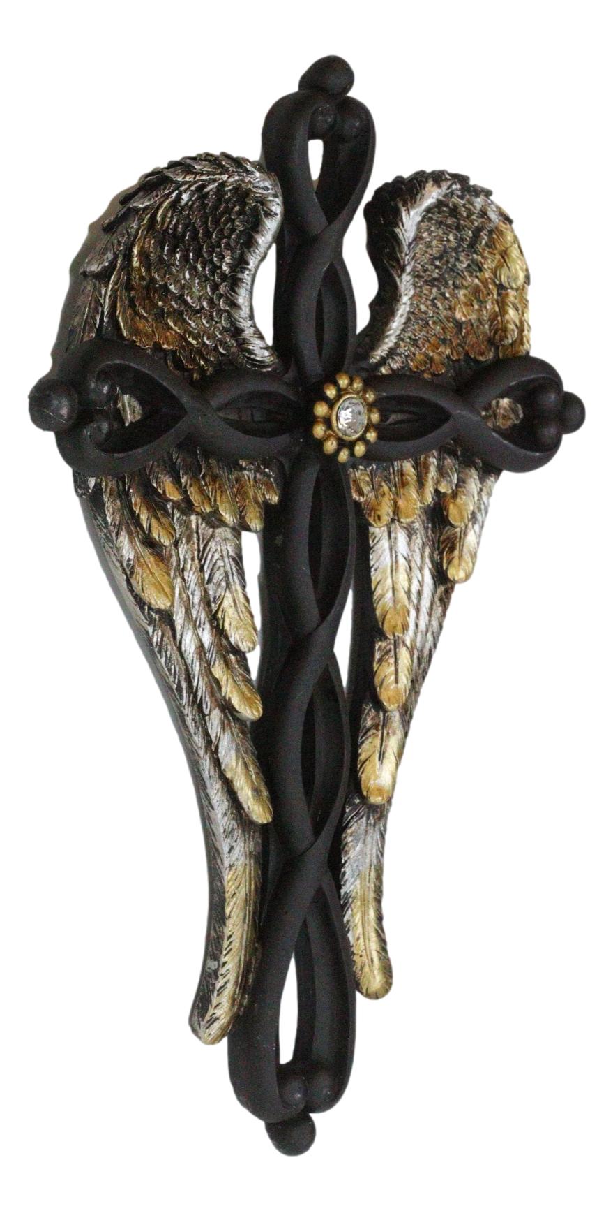Inspirational Golden Angel Wings with Black Twisted Knotwork Wall Cross Plaque