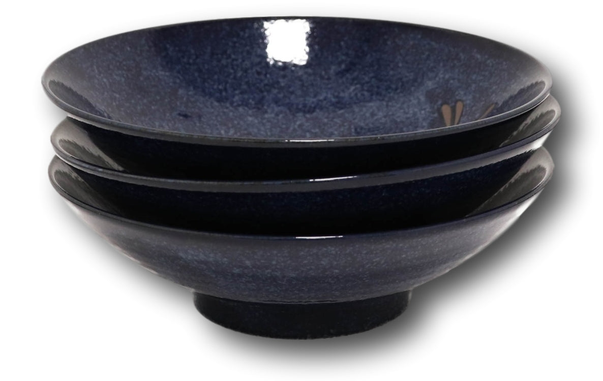 Japanese Blue Dragonfly Pasta Salad Soup Rice Ceramic Shallow Bowls Set of 3 - Ebros Gift
