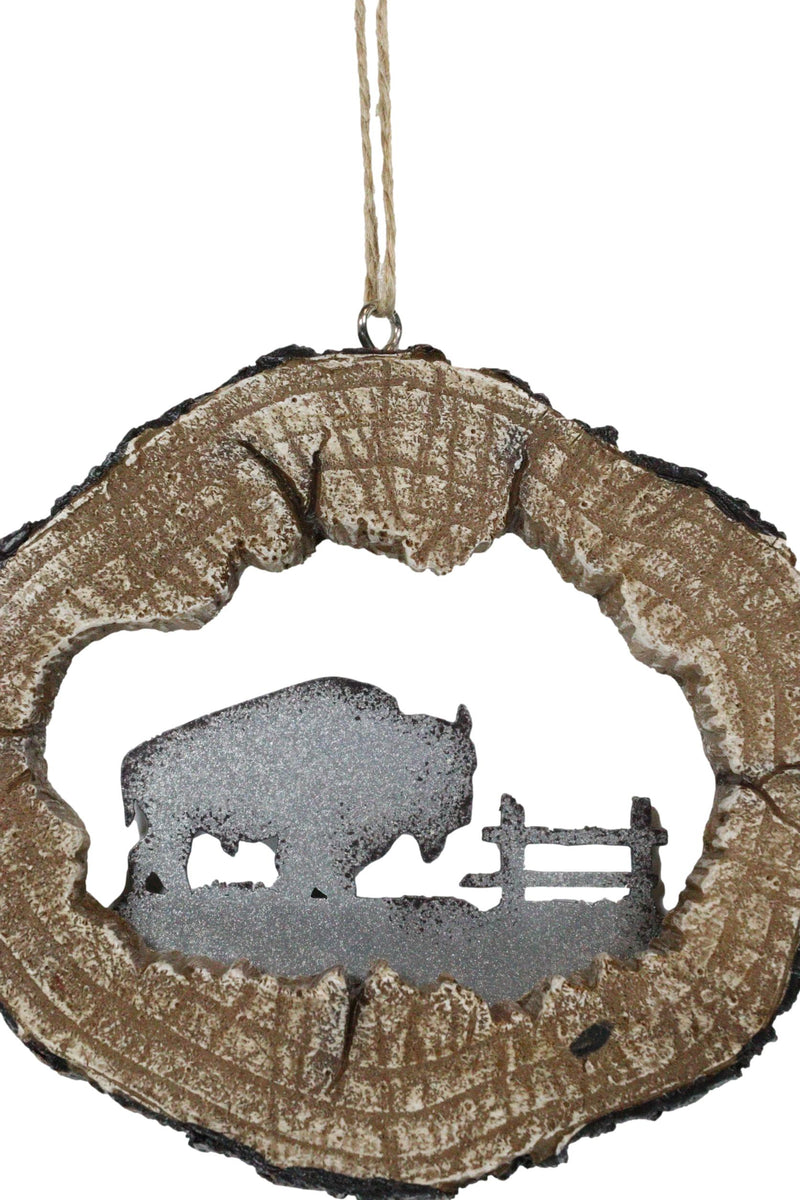 Rustic Western Bison Buffalo Faux Wood Log Set of 4 Christmas Tree Ornaments