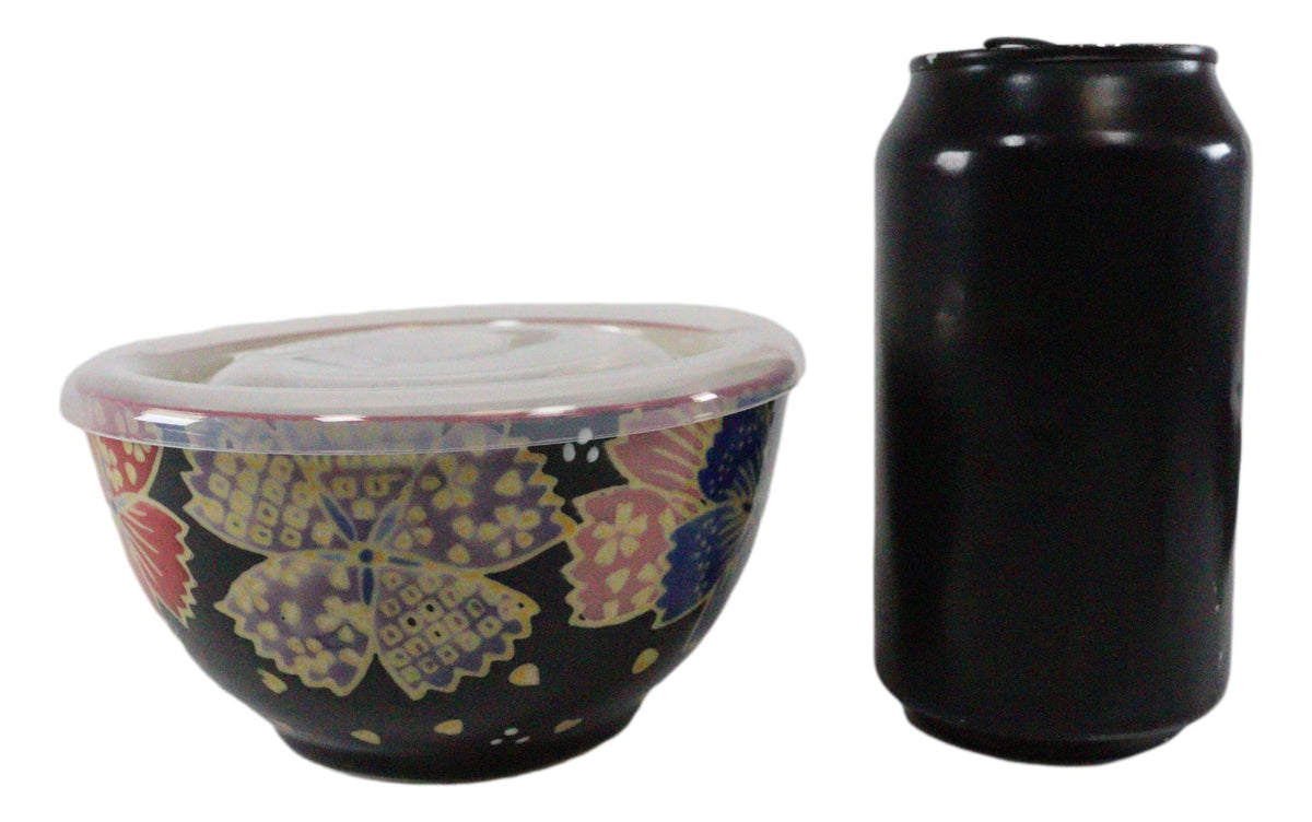 Ebros Set of 2 Ceramic Midnight Floral Blooms Portion Meal Bowls 2 Cups Airtight Lid