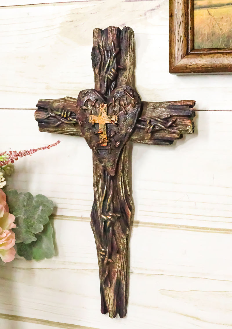 Rustic Western Distressed Faux Wooden Barbed Wires With Heart Plaque Wall Cross