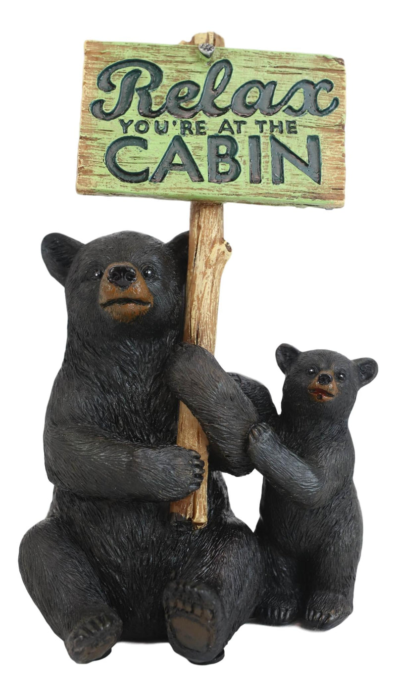 Ebros Rustic Black Bear With Cub Holding Sign Relax You're At The Cabin Statue