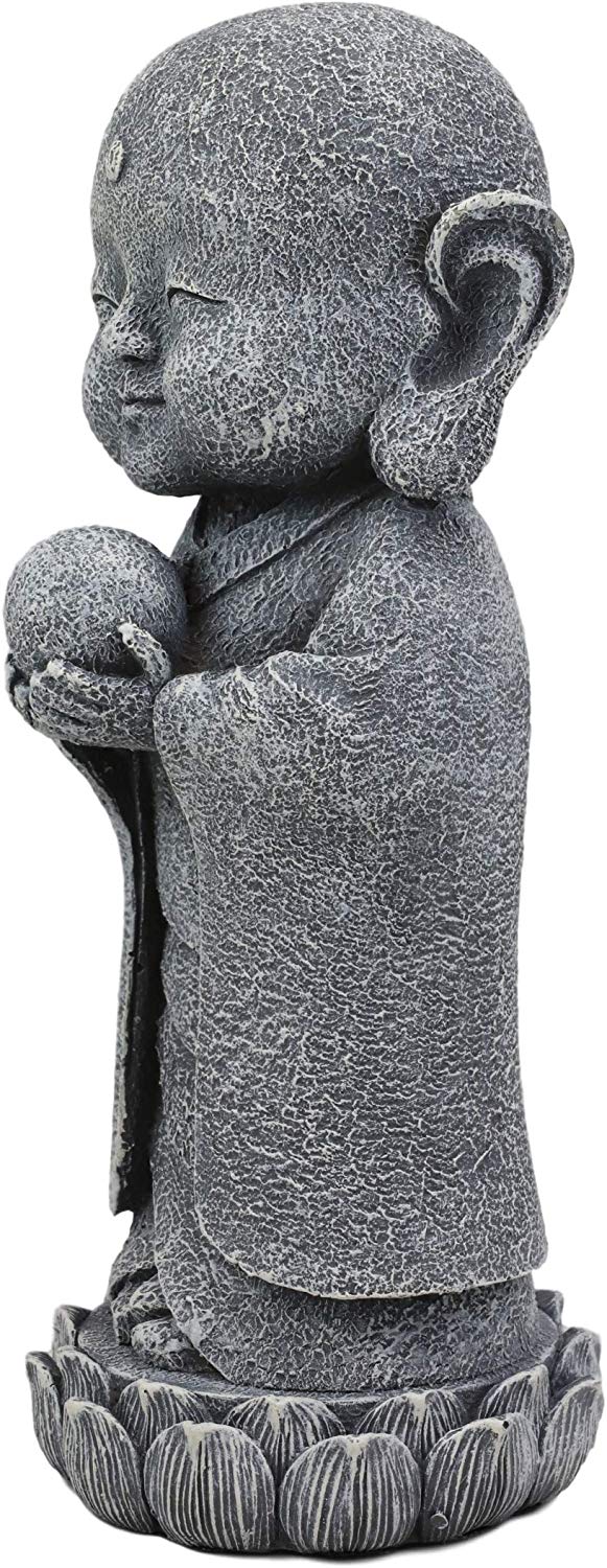 Ebros Japanese Jizo Monk Standing On Lotus Figurine 9.75"H (With Wisdom Pearl)