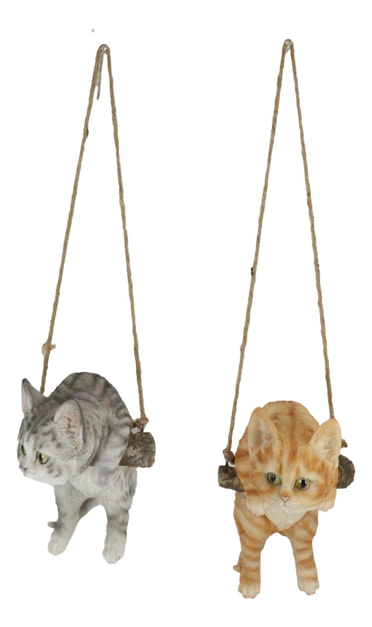 Set Of 2 Lifelike Feline Tabby Kitten Cats On Branch Swing Hanger Wall Decors