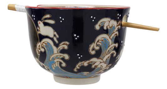 Ebros Rabbits Full Moon Ramen Noodles Bowl With Built In Chopsticks & Rest Set