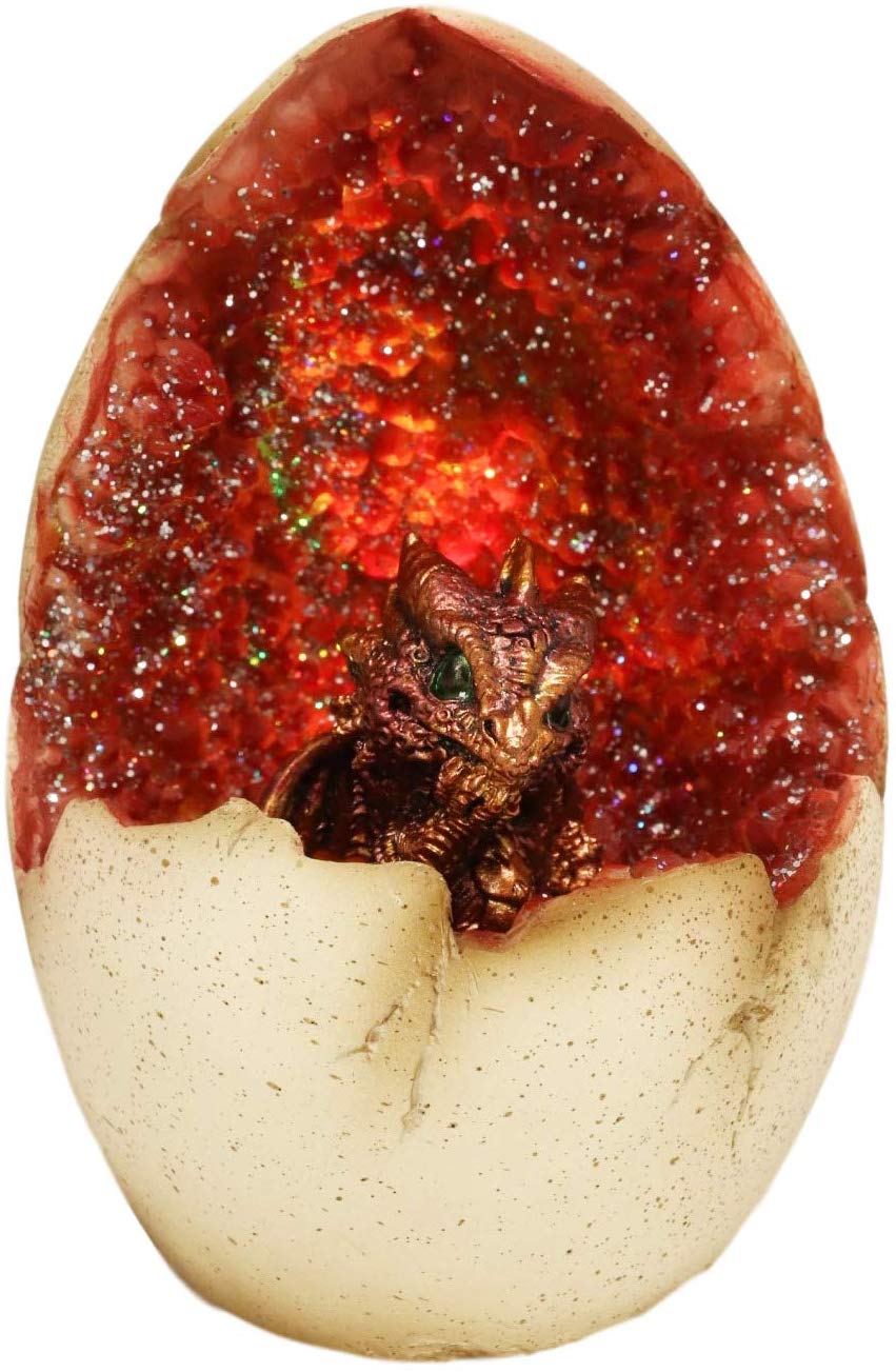 Ebros 5" Tall Red Hatchling Wyrmling Dragon in Crystal Quartz Geode Egg Figurine with Colorful LED Night Light - Ebros Gift