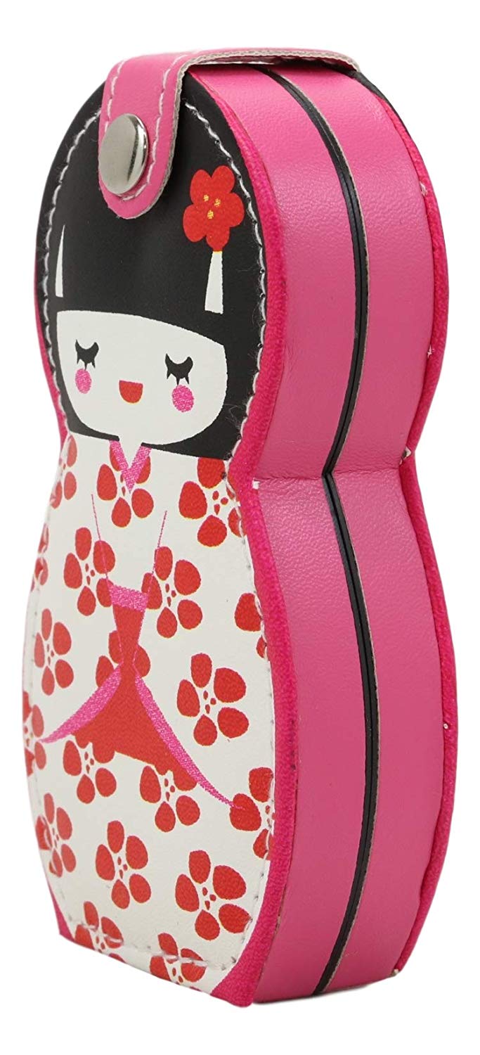 Ebros Gift Traditional Japanese Kokeshi Girl Doll Travel Portable Case Manicure Pedicure Set 6 Piece Stainless Steel Grooming Tools Nail Clippers Scissors Filers Ear Pick Tweezer (White Kimono)