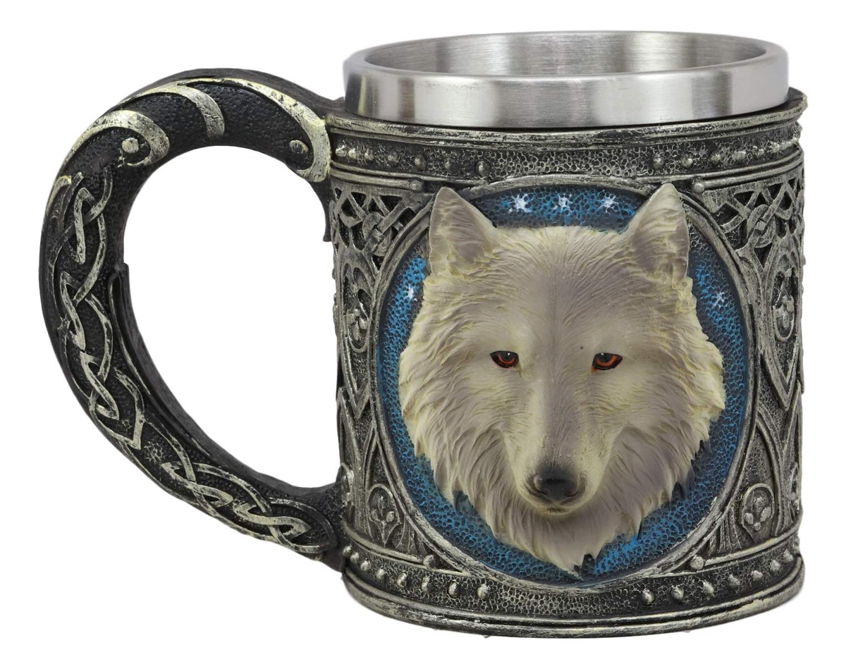 Ebros Gift Alpha Direwolf Wolf Celtic Tribal Magic Resin 16oz Drinking Mug With Stainless Steel Rim Figurine For Coffee Tea Cereal Drinks Halloween Kitchen Dining Decor Of Timber Wolves