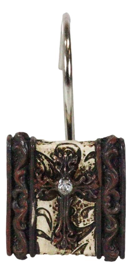 Tuscany Scroll Cross On Brown and Beige Tones Bathroom Shower Curtain Hooks 12pk