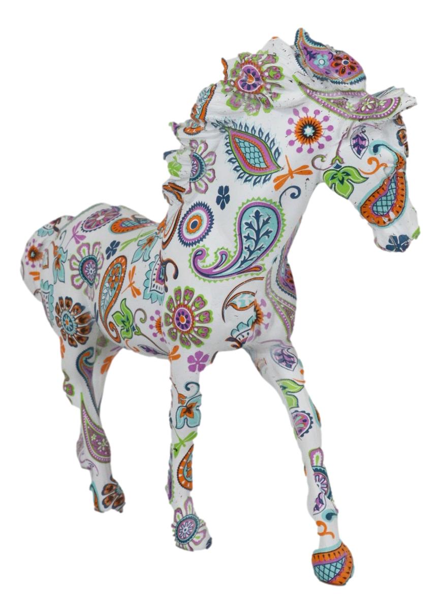 Equestrian Chic Beauty Rainbow Paisley White Horse Hand Painted Statue 7.5" L