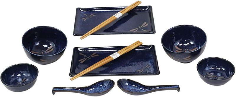 Japanese Pair Of Dragonfly Blue Motif Ceramic Sushi Dinnerware 10pc Set For Two