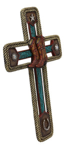Ebros Gift Rustic Western Cowboy Boots with Star and Horseshoe Wall Cross Decor Plaque in Rope Embroidery Vintage Design Hanging Sculpture 13.5" High Catholic Christian Accent Decorative Crosses