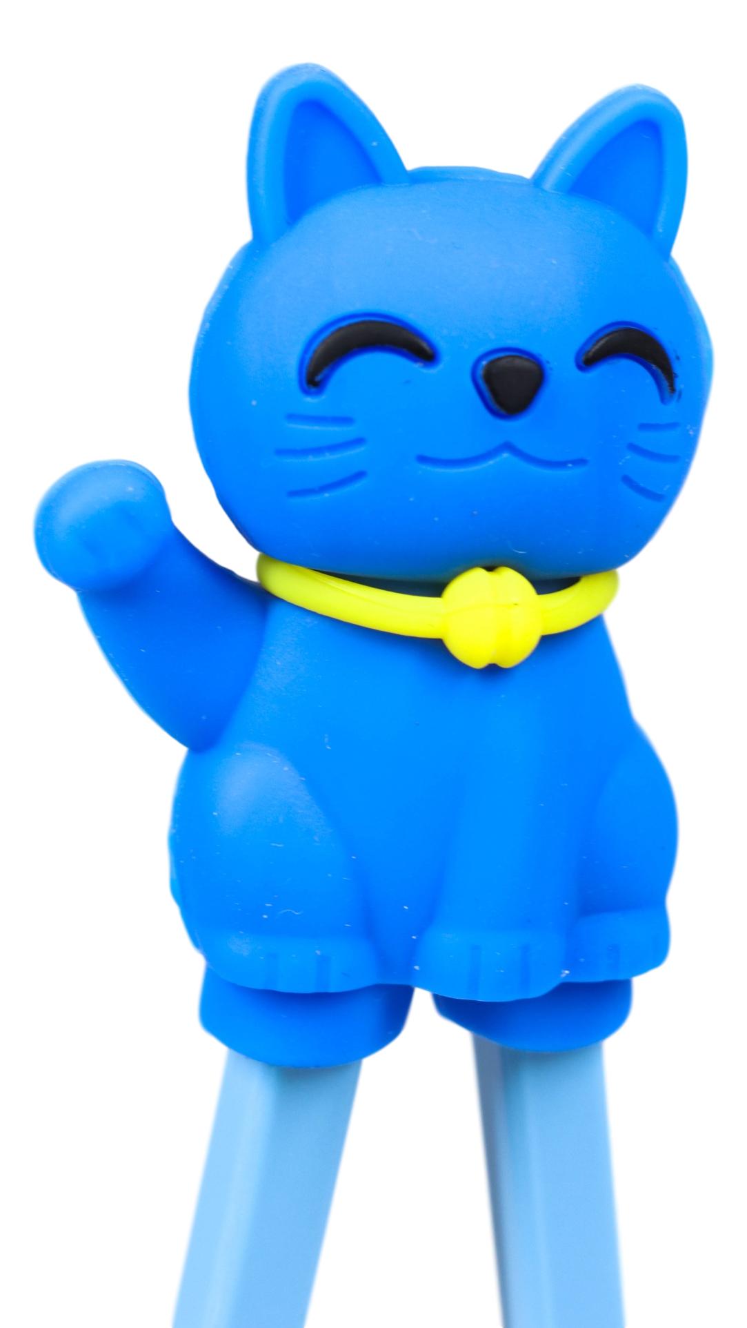 Ebros Blue Maneki Neko Cat Reusable Training Chopsticks Set With Silicone Helper - Ebros Gift