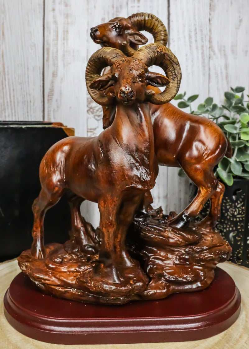 Rustic Country Bighorn Sheep Ram Family On Rock Faux Mahogany Wood Figurine