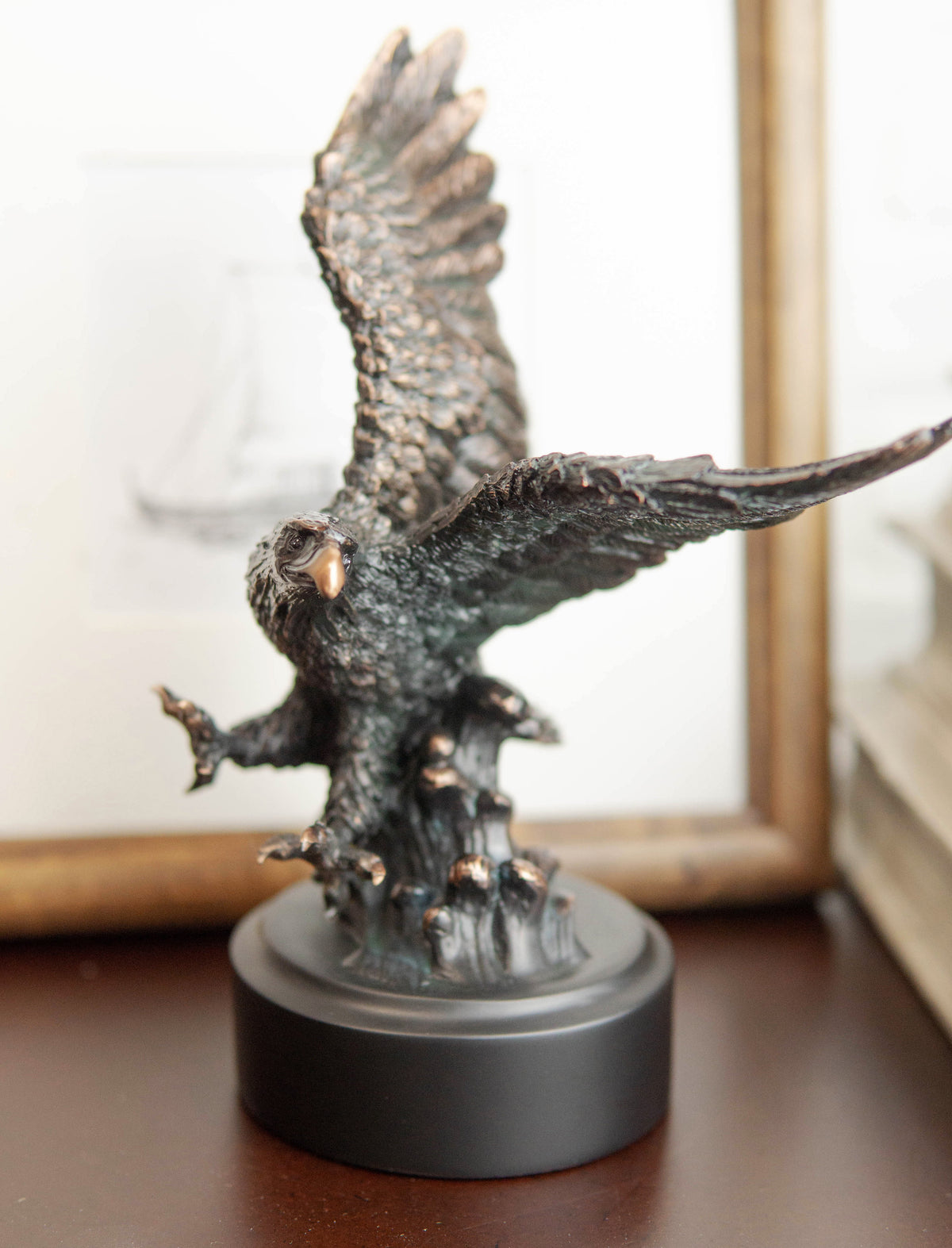 Wings of Glory Bald Eagle Swooping Over Stormy Ocean Waves Electroplated Statue - Ebros Gift
