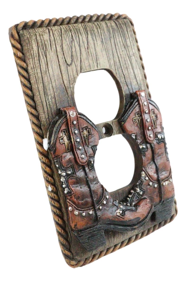 Set of 2 Western Cowboy Boots Faux Wood Wall Double Receptacle Outlet Plates