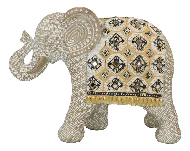 Silver Grey Accent Mosaic Design Noble Elephant With Trunk Up Statue 9"L Decor
