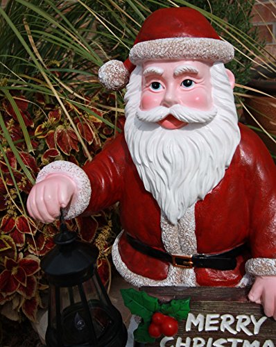Ebros Jolly Seasons Merry Christmas Santa Claus Holding Greeting Sign Decorative Statue With Solar LED Light Lantern Lamp 16.5"H As Home Patio Welcome Entrance Decor Guest Greeter Figurine - Ebros Gift