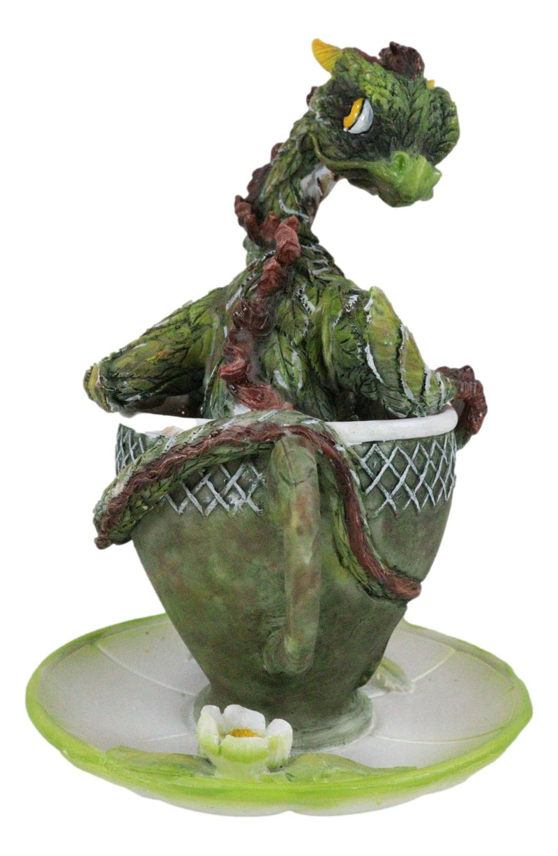 Fantasy English Green Tea Leaves And Flowers Dragon In Teacup & Saucer Figurine