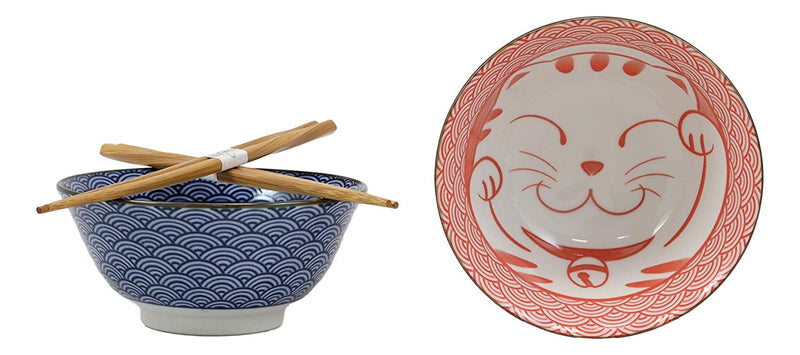 Made In Japan Lucky Cat Maneki Neko Colorful Porcelain Bowls With Chopsticks Set