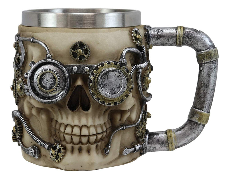 Ebros Metallo Super Cyborg Steampunk Pipes And Gears Skull Face Coffee Tea Mug Stein