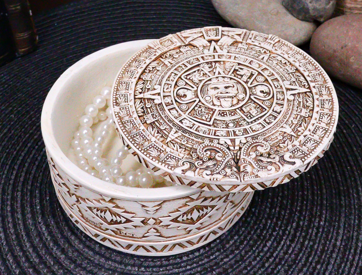 Round Mesoamerican Maya Aztec Jewelry Box Figurine 5"D Solar Calendar Sun God
