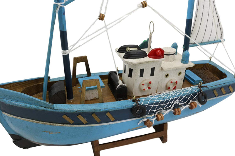 Ebros 12" L Blue Wooden Fishing Boat Model with Wood Base Stand Figure - Ebros Gift