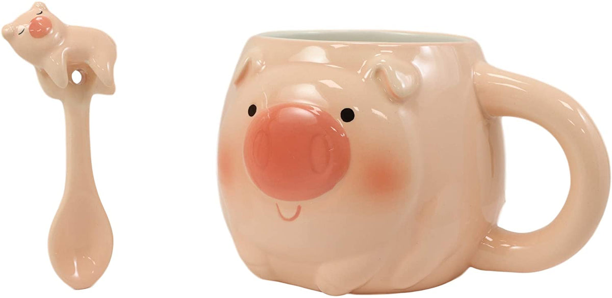 Ebros Porky Bacon Pig Ceramic Coffee Mug Drink Cup With Latch On Spoon Set 16 OZ