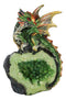 Metallic Green Iridescent Wyrmling Dragon On Faux Geode Crystal Rock Figurine