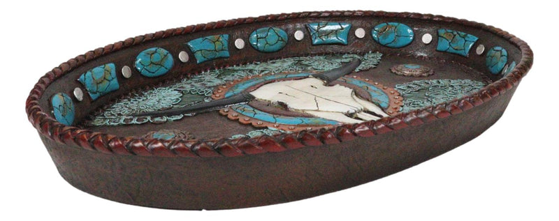 Western Rustic Cowboy Texas Longhorn Skull Turquoise Conchos Dish Tray 12"L