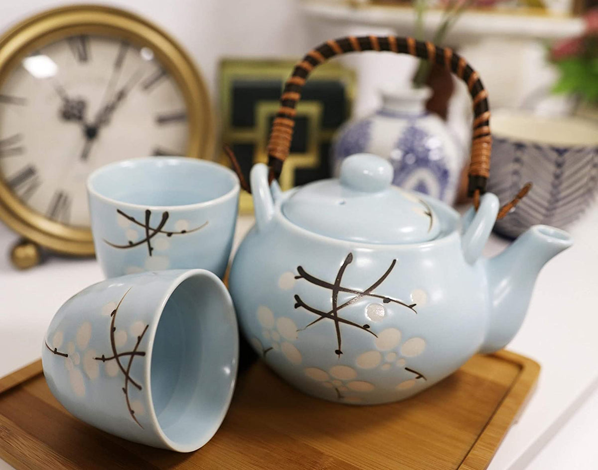 Ebros Cherry Blossom Sakura Pastel Sky Blue Ceramic Tea Pot and Cups Set For 2 - Ebros Gift
