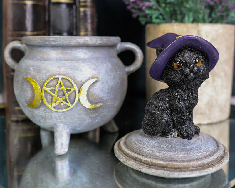 Halloween Wicca Black Cat With Witch Hat On Triple Moon Cauldron Decorative Box