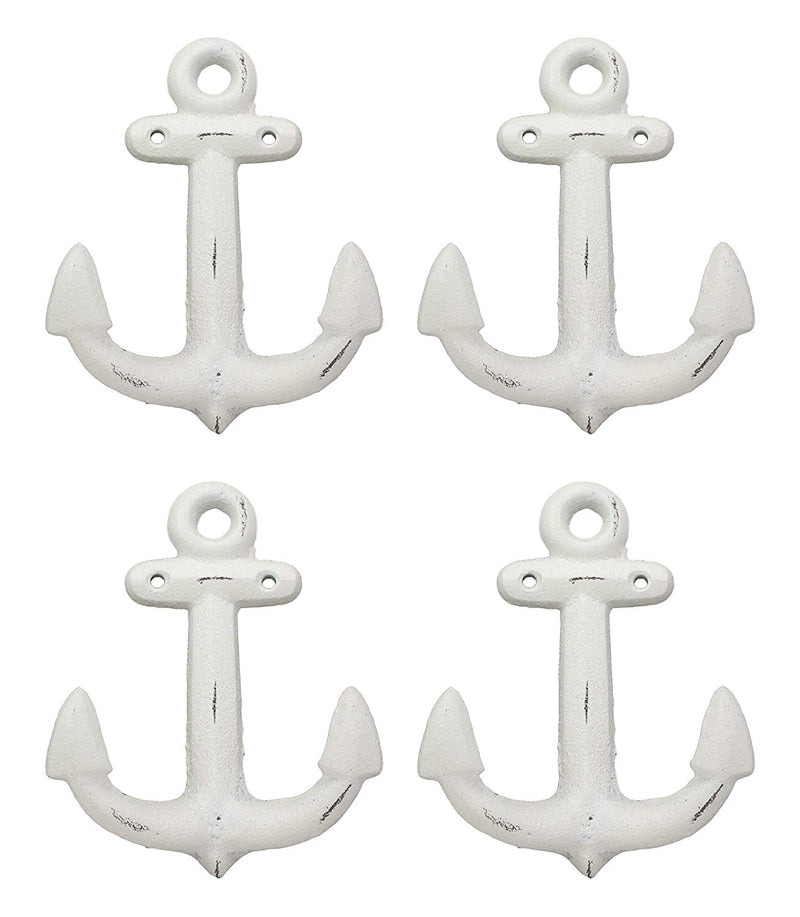 Ebros Gift 5.75" Tall Cast Iron Rustic Vintage Sailor White Nautical Ocean Sea Ship Anchor 2 Pegs Wall Hook Coastal Harbor Ships Anchors Decorative Accent Hooks for Keys Leashes Hats Coats (4)