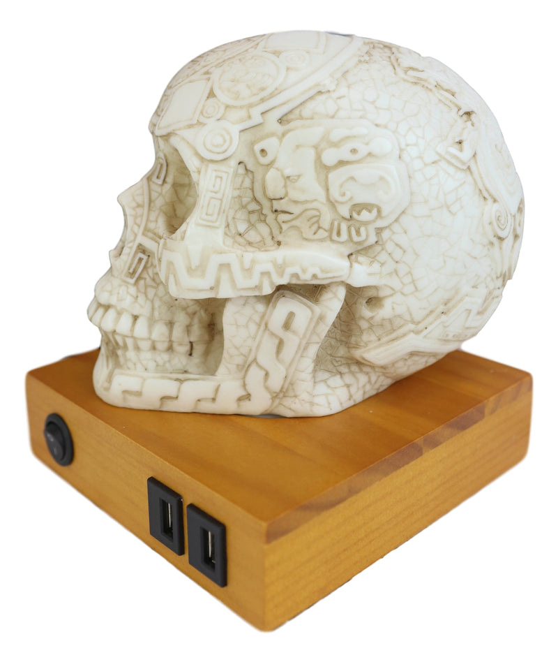 Mesoamerican Maya Aztec Skull LED Night Light Statue With USB Charging Wood Base