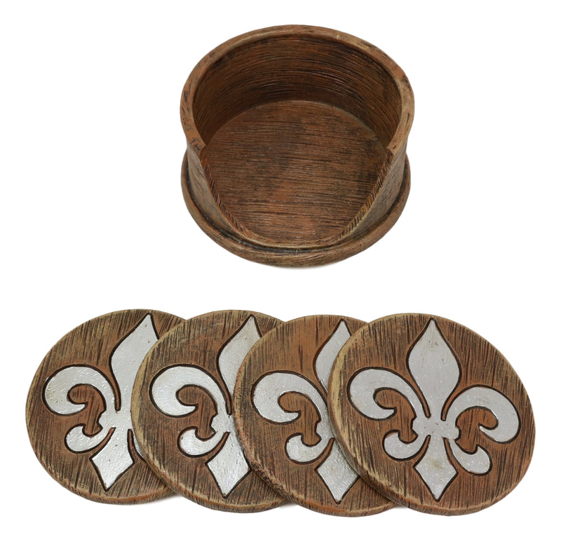 Rustic Western Tuscany Fleur De Lis Crown Coaster Holder & 4 Round Coasters Set