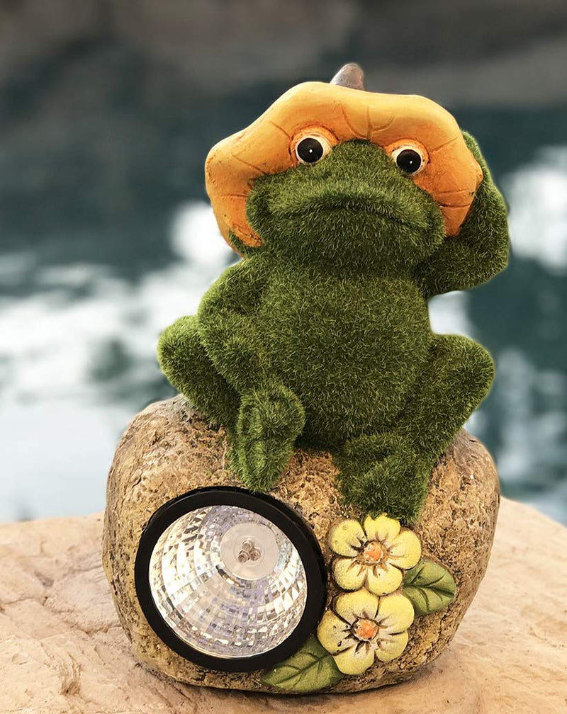 Whimsical Flocked Grass Toad Frog On Rock Garden Statue With Solar LED Light