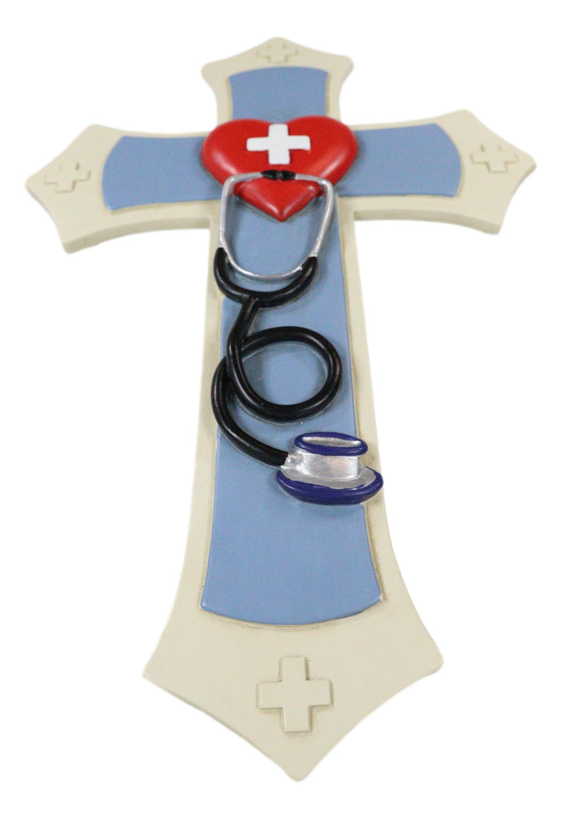 Physician Medic Blue Layered Wall Cross With Red Heart Stethoscope Doctor Nurse
