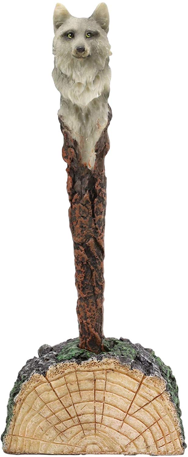 Ebros Celtic Alpha Wolf Hand Painted Pen with Rustic Tree Bark Holder Stand