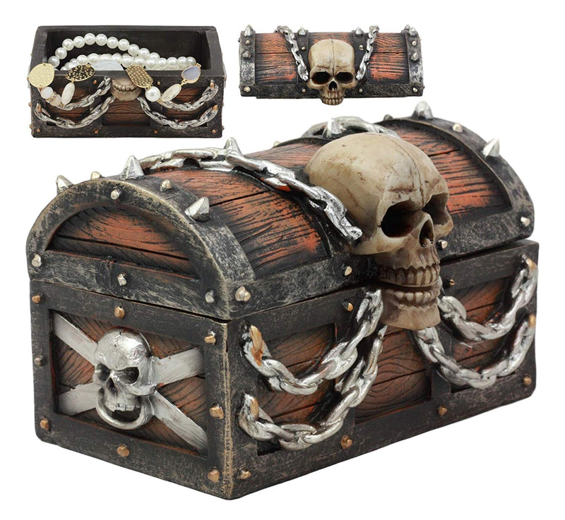 Ebros Chained Skull On Pirate Treasure Chest Jewelry Trinket Box 6" Wide