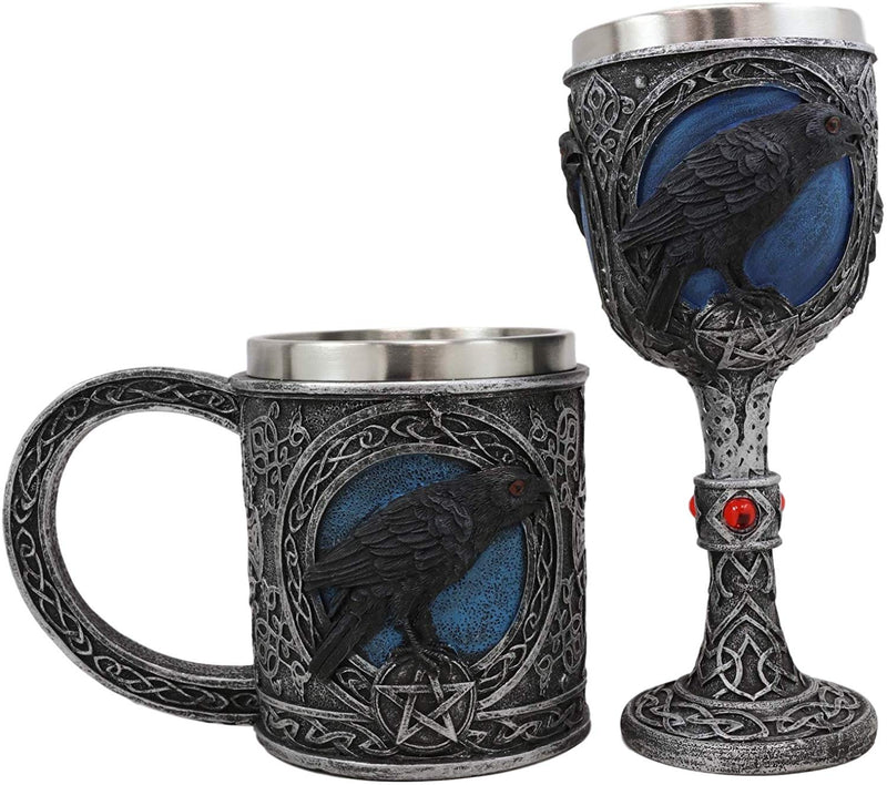 Ebros Moonlight Raven Crow With Celtic Tribal Tattoo Wine Goblet And Mug Set