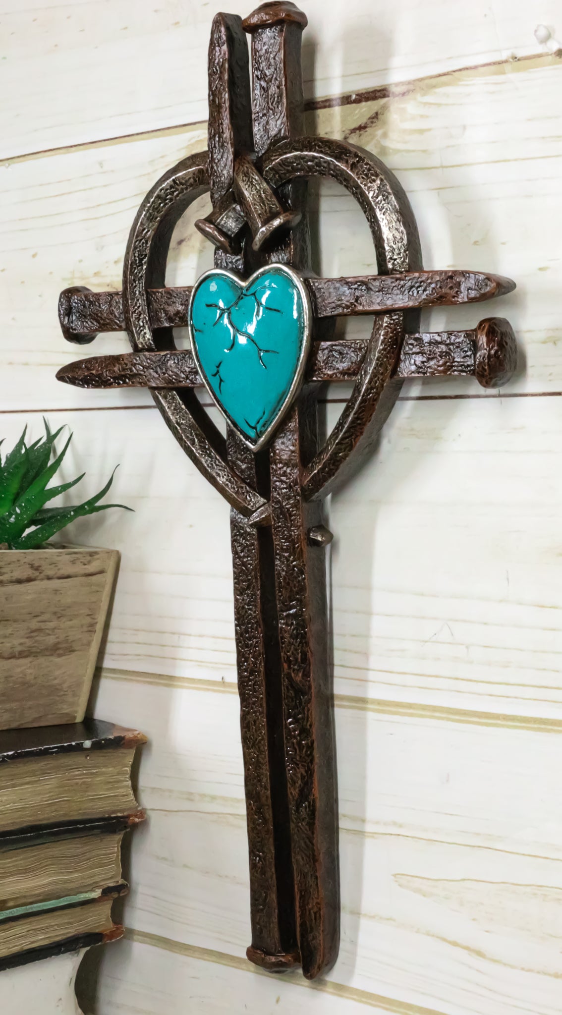 Rustic Western Nail Spikes With Bent Nail Heart And Turquoise Rock Wall Cross